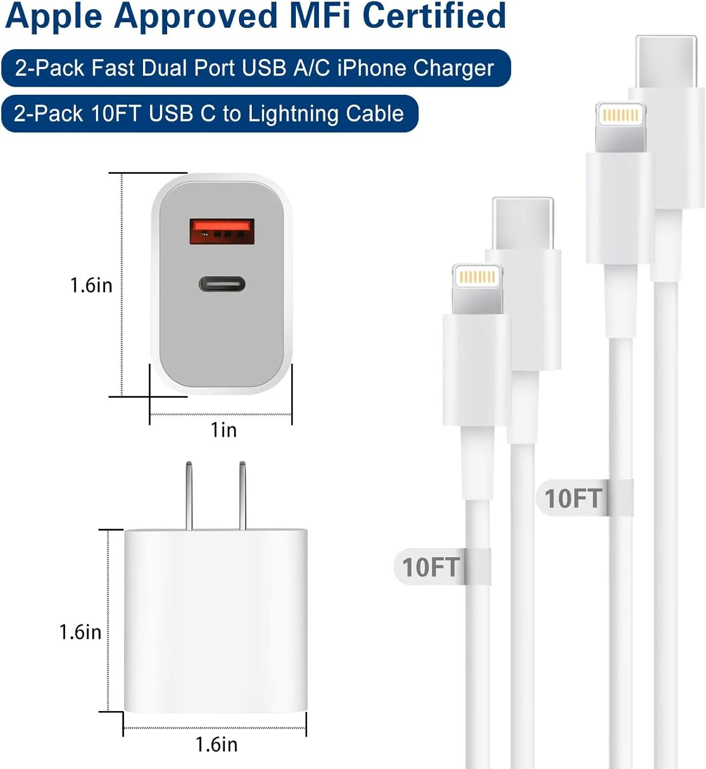 Fast Charger iPhone,Dual Port A/C iPhone Charger Fast Charging Adapter[Apple MFi Certified]2Pack Quick Double iPhone Wall Charger Block 10FT USBC to Lightning Cable for iPhone 14 ProMax/13/12/11/XS/XR