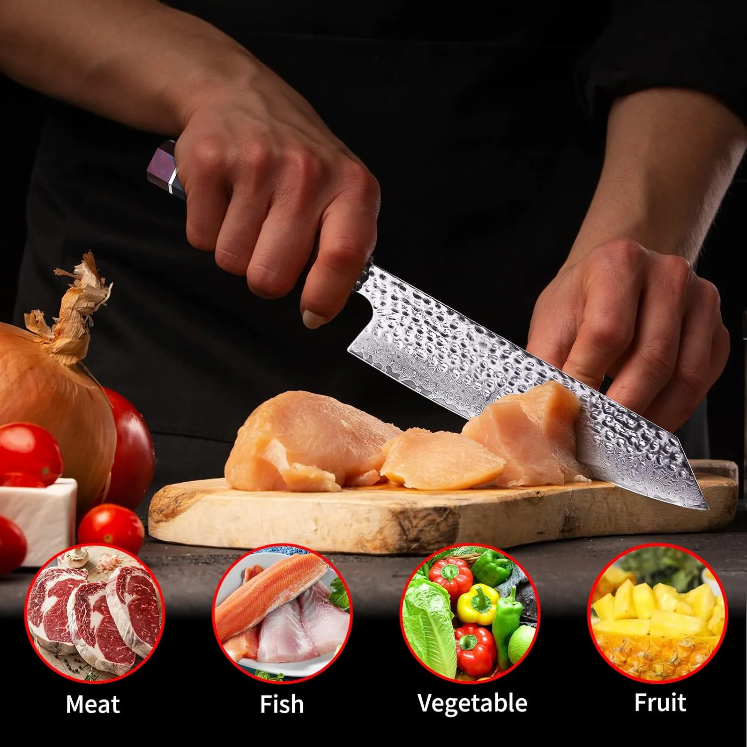 FINDKING Eternity Series Japanese Kiritsuke Knife with ABS sheath, Multi-Purpose Gyuto Chef knife, 9Cr18MoV Damascus Steel Blade, Resin Octagonal Handle, for Meat, Fruits, Vegetables,9 Inches