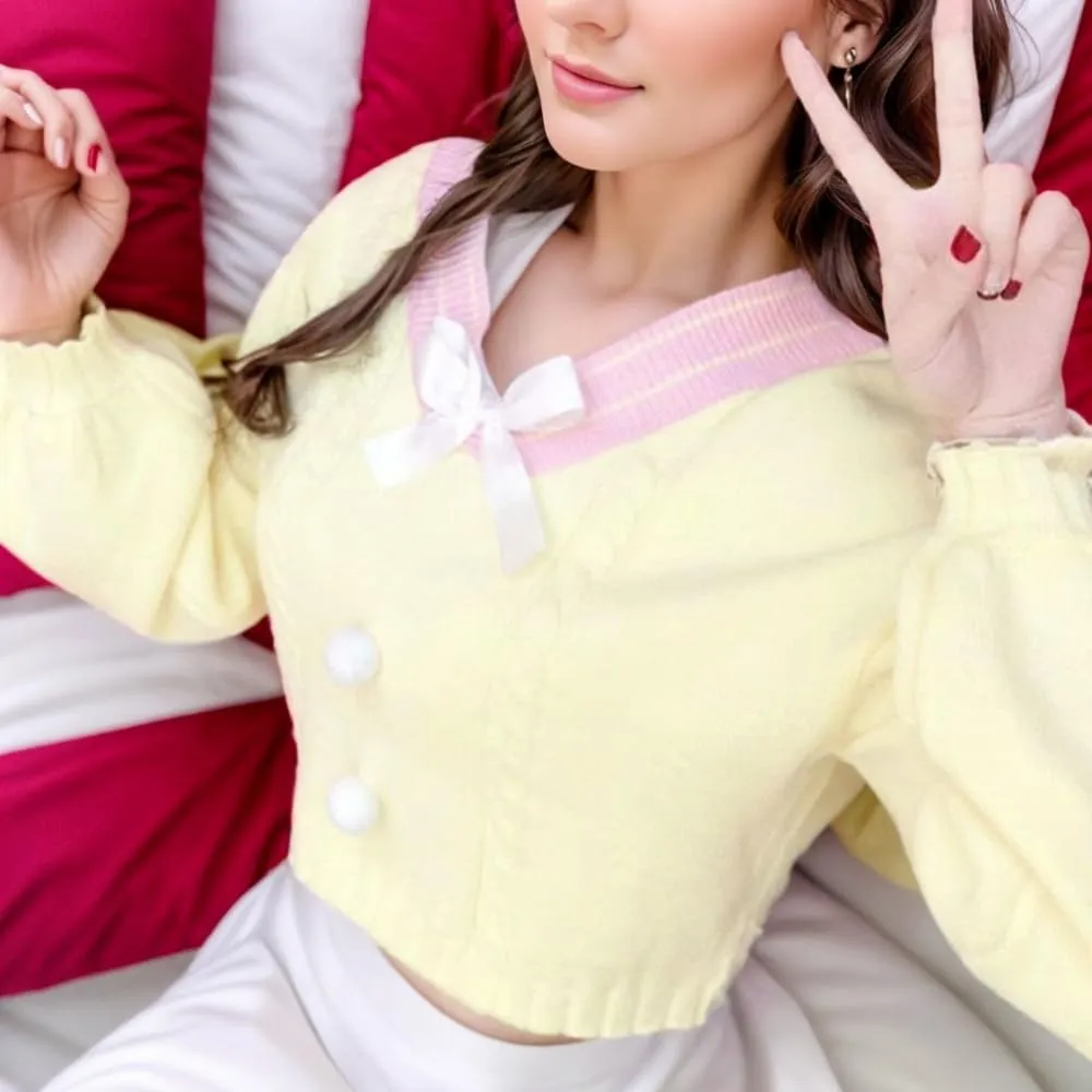 FindThy Women's Y2K Pullover Sweater Sweet Lantern Sleeve Bowtie Knit Crop Jumper Tops
