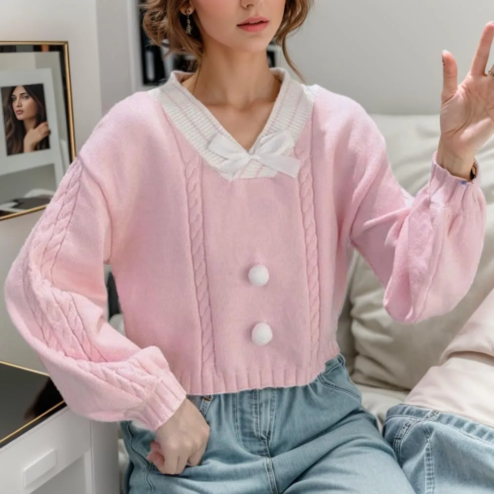FindThy Women's Y2K Pullover Sweater Sweet Lantern Sleeve Bowtie Knit Crop Jumper Tops