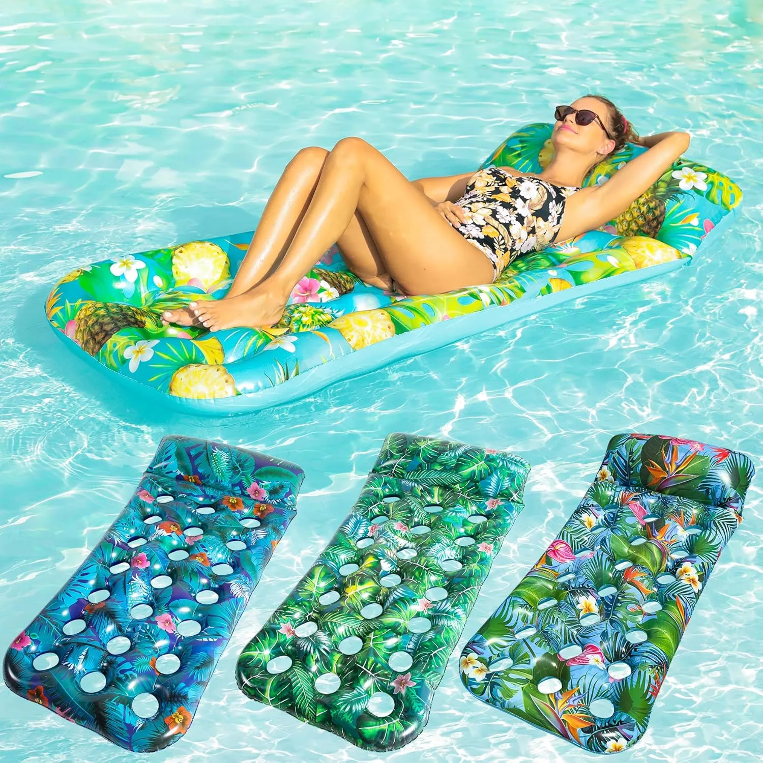 FindUWill Inflatable Pool Floats Adult, 2 Pack Large Pool Float Raft with Headrest for Adults, Tanning Pool Lounger Cooling Pool Floaties for Vacation