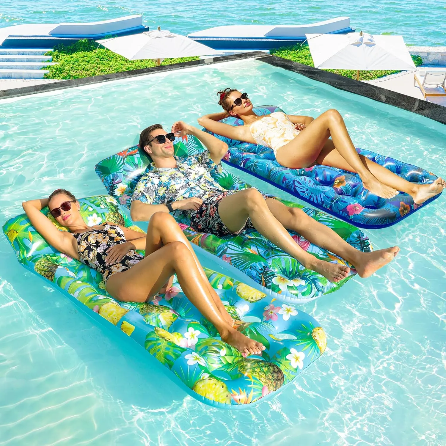 FindUWill Inflatable Pool Floats Adult, 2 Pack Large Pool Float Raft with Headrest for Adults, Tanning Pool Lounger Cooling Pool Floaties for Vacation