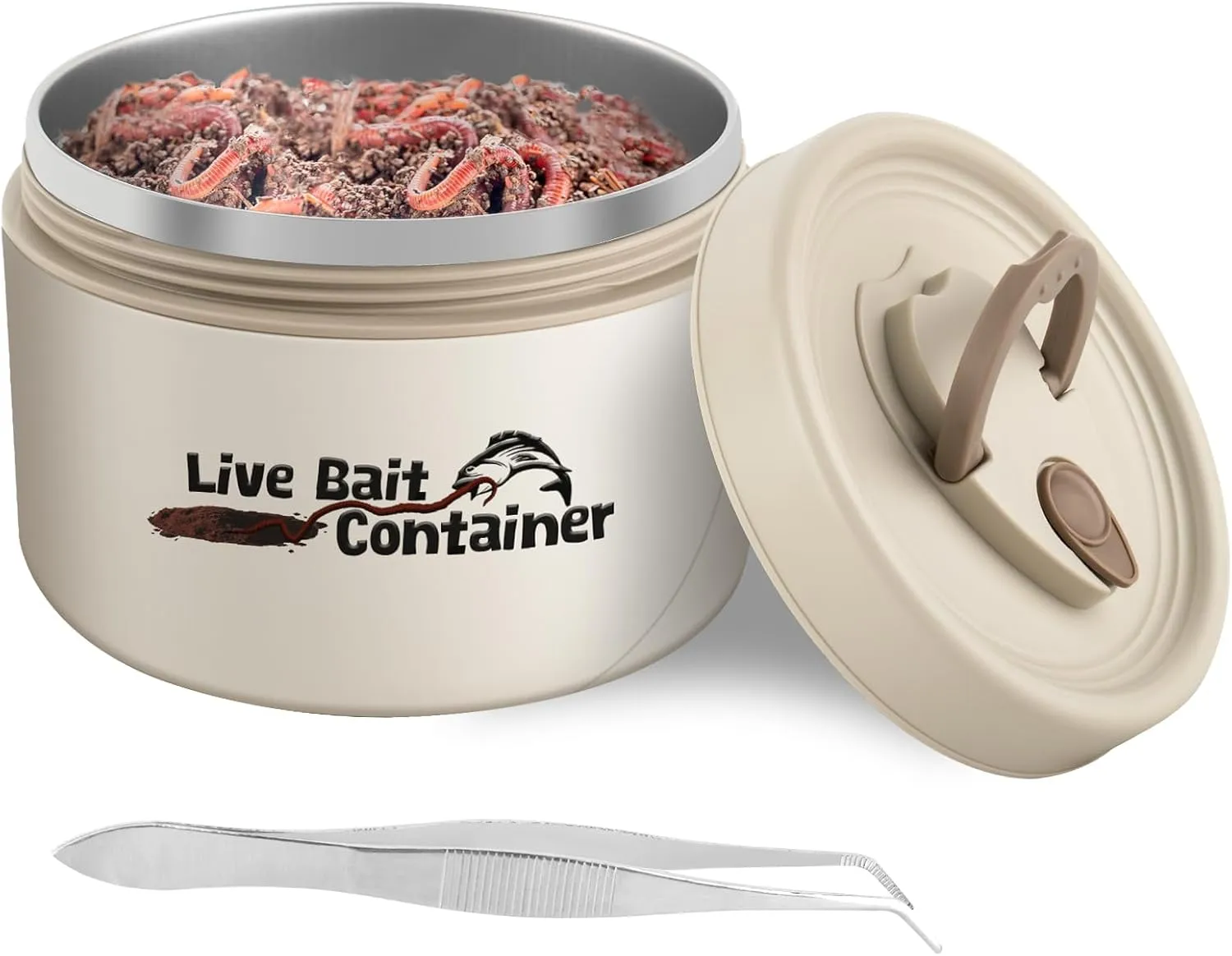 Fishing Bait Container with Handle, Insulation Design and Breathable Hole, Stainless Steel Live Bait Storage Tank, Worm Container for Nightcrawlers, Keeps Live Bait Fresh and Alive, 600ML
