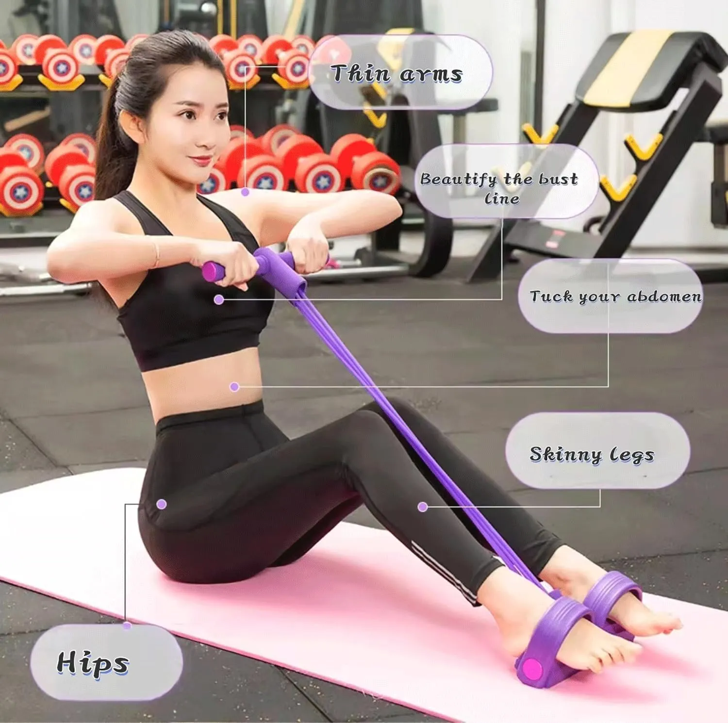 Fitness Resistance Bands-4 Tube Pedal Ankle Puller, Elastic Yoga Pedal Puller Resistance Band, Multifunction Tension Rope Fitness, Yoga Handle Bands Exerciser(Color:Purple)