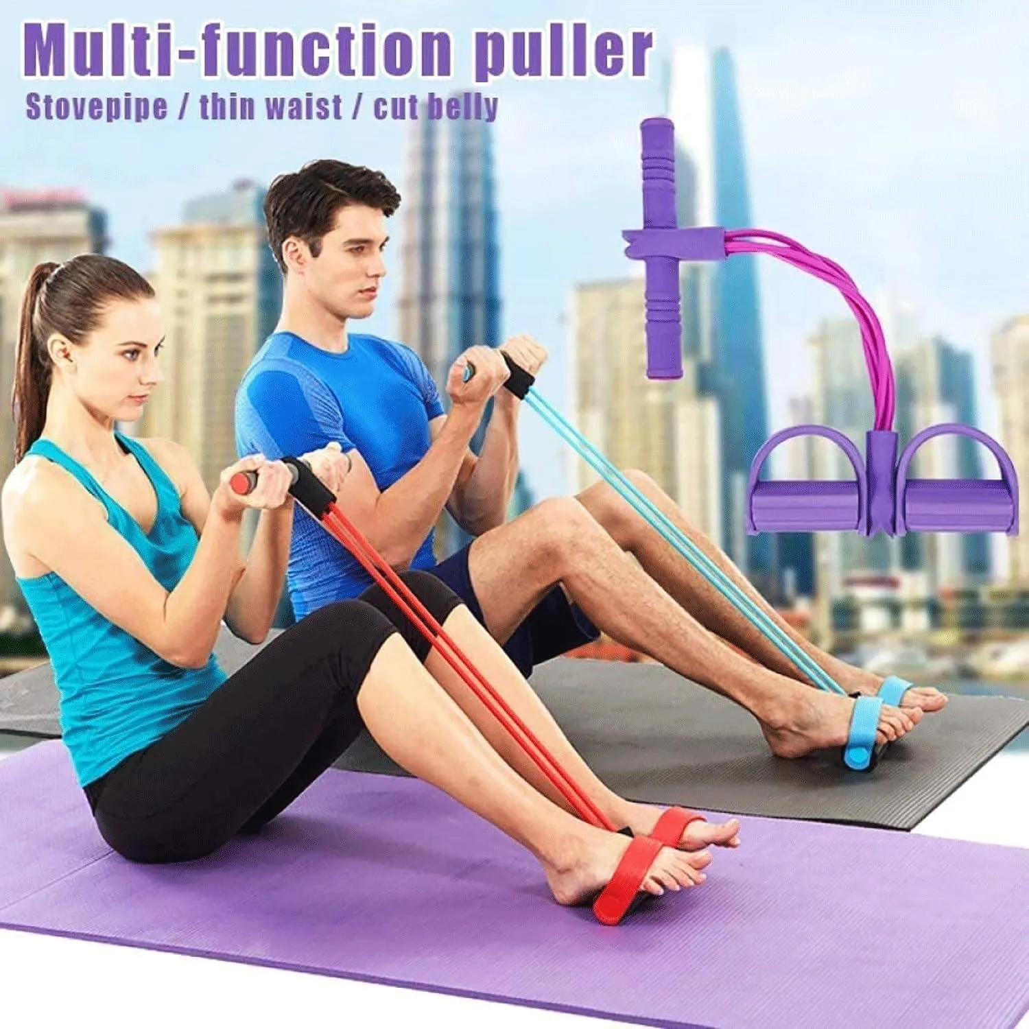 Fitness Resistance Bands-4 Tube Pedal Ankle Puller, Elastic Yoga Pedal Puller Resistance Band, Multifunction Tension Rope Fitness, Yoga Handle Bands Exerciser(Color:Purple)