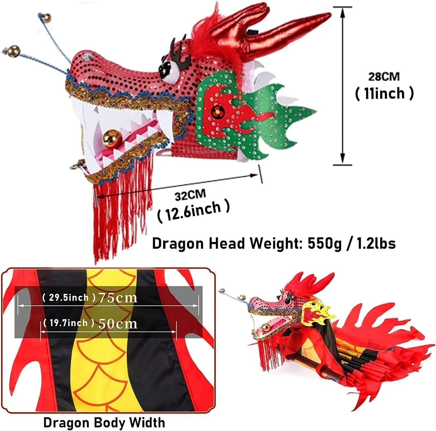 Fitness Toys 3D Colorful Dragon Silk Flying Spinning 8m/10m Dragon Dance Ribbon Ribbon with Dragon Head Single Dragon Dance Props(D,8m/26ft)
