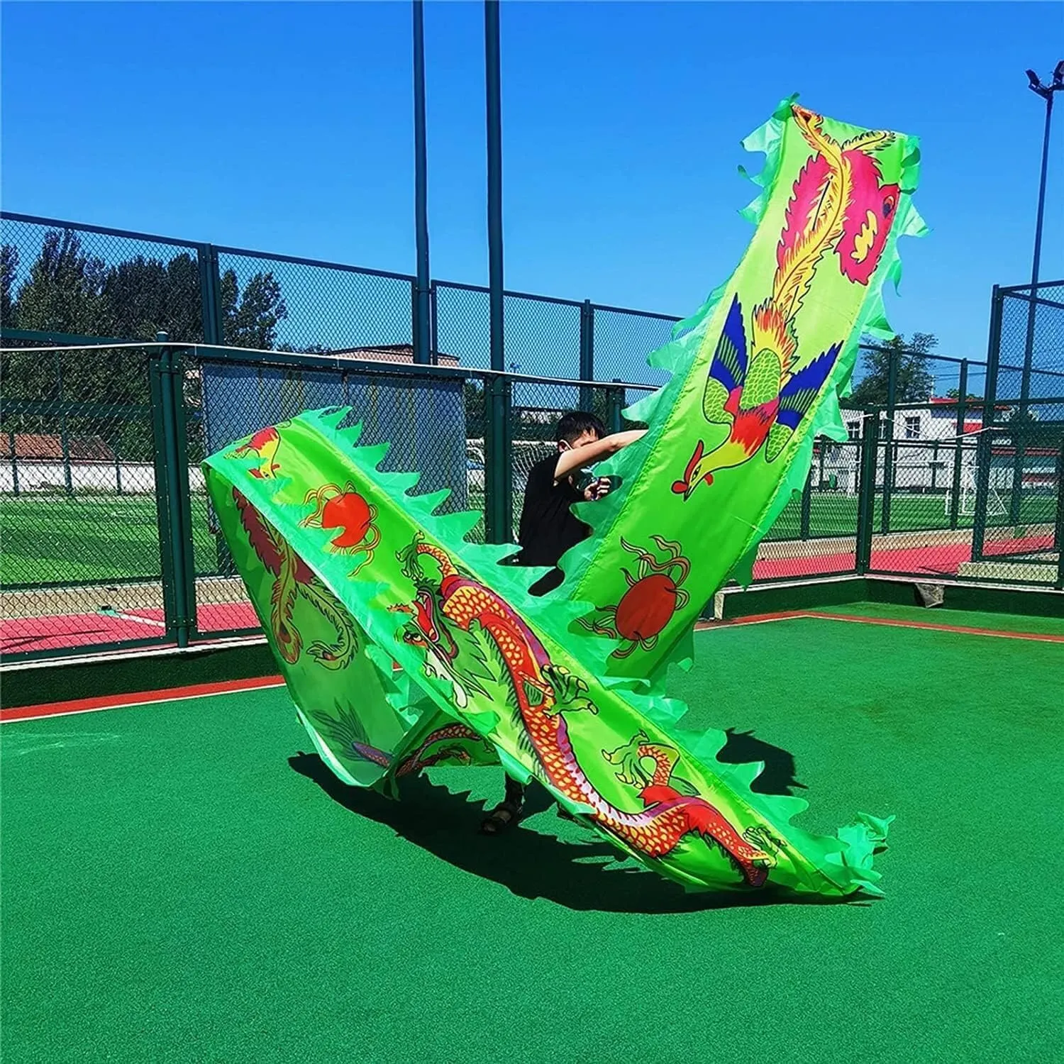 Fitness Toys 3D Colorful Dragon Silk Flying Spinning 8m/10m Dragon Dance Ribbon Ribbon with Dragon Head Single Dragon Dance Props(D,8m/26ft)