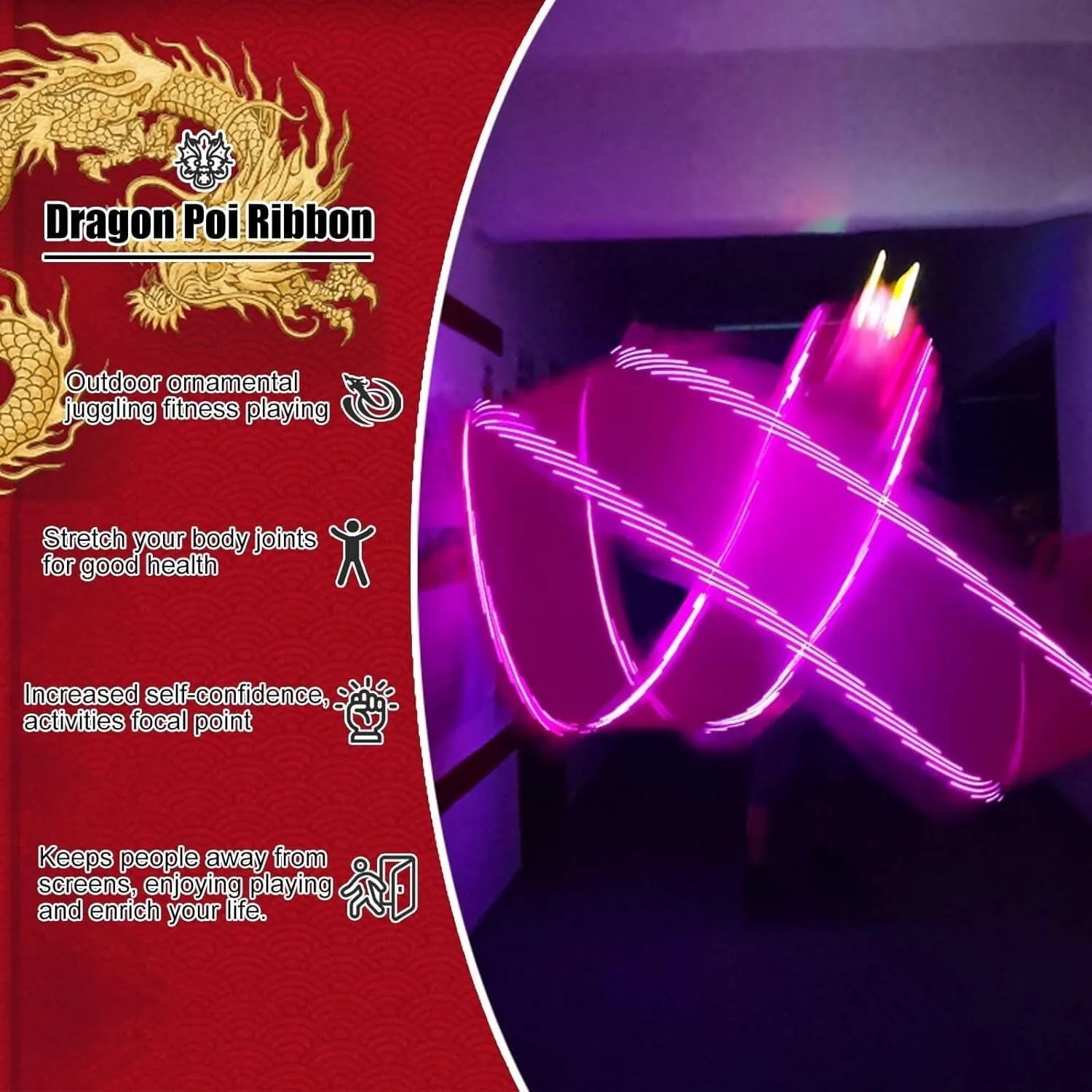 Fitness Toys Dragon Poi Led Dragon Poi Light Up Exercise Dance, Flinging Like-Silk Dragon Poi Ribbon, Illuminated(White,8 m (26 ft))