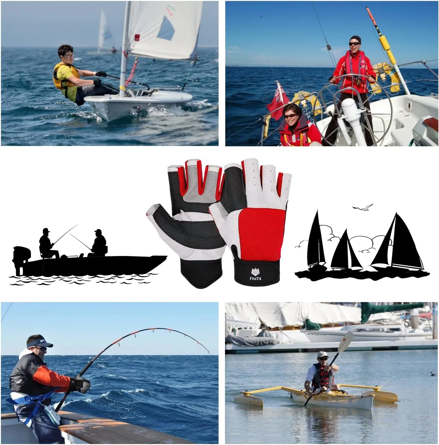 FitsT4 Sports Sailing Gloves 3/4 Finger and Grip Great for Sailing, Yachting, Paddling, Kayaking, Fishing, Dinghying Water Sports for Men and Women