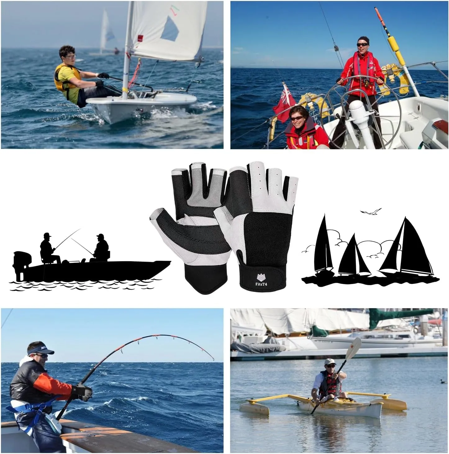 FitsT4 Sports Sailing Gloves 3/4 Finger and Grip Great for Sailing, Yachting, Paddling, Kayaking, Fishing, Dinghying Water Sports for Men and Women