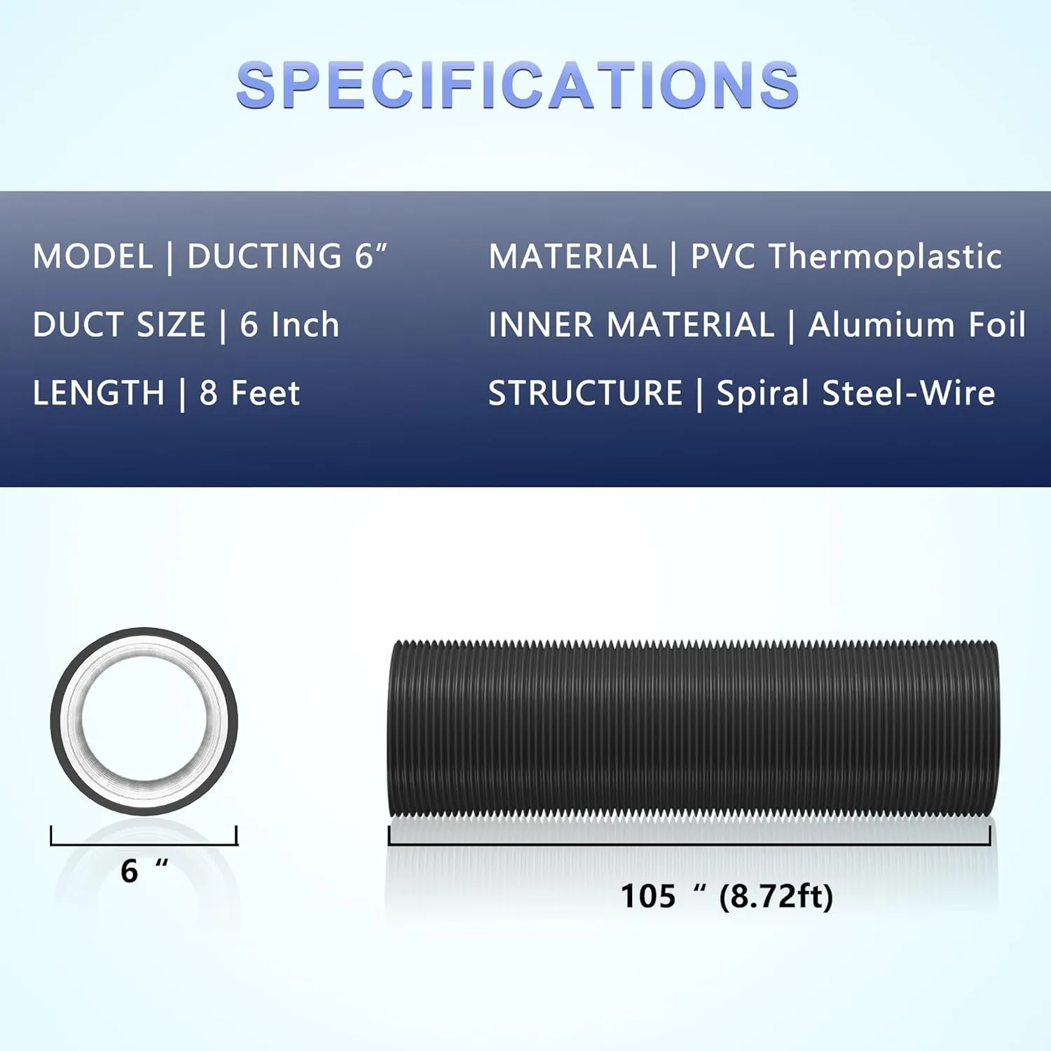 Flexible 6 Inch 8ft Aluminum Ducting-4 Layer Protection Dryer Vent Hose for HVAC Heating Cooling Ventilation and Exhaust, 2 Clamps Included