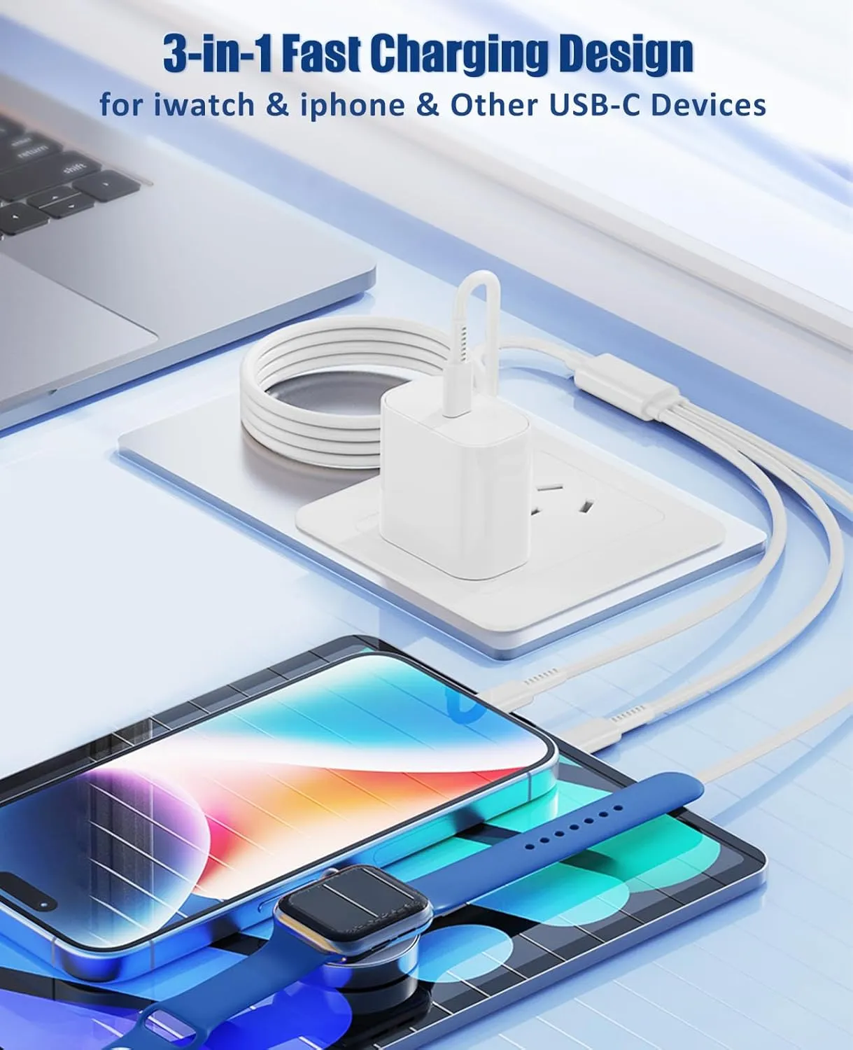 for Apple Watch Charger Fast Charging,3 in 1 Multi Chargers Cable with 20W USB C Charger, iWatch Charger Cord 6FT for iWatch Series Ultra2/SE/10/9/8/7/6/5/4/3/iPhone 15 16 Pro Max/14/13/12/11 (White)