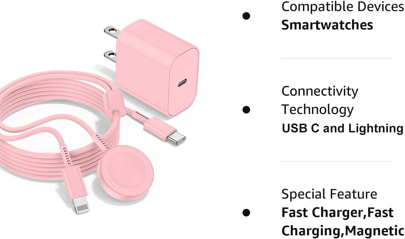for Apple Watch Charger,2 in 1 USB C Charger for iPhone＆iWatch,Magnetic iWatch Fast Charging Cable 6ft with 20W Charger Block for Apple Watch Series Ultra 9 8 7 6 5 4 3 SE＆iPhone 14 13-Pink