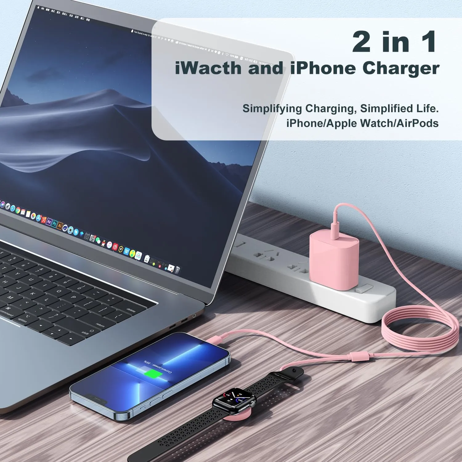 for Apple Watch Charger,2 in 1 USB C Charger for iPhone＆iWatch,Magnetic iWatch Fast Charging Cable 6ft with 20W Charger Block for Apple Watch Series Ultra 9 8 7 6 5 4 3 SE＆iPhone 14 13-Pink