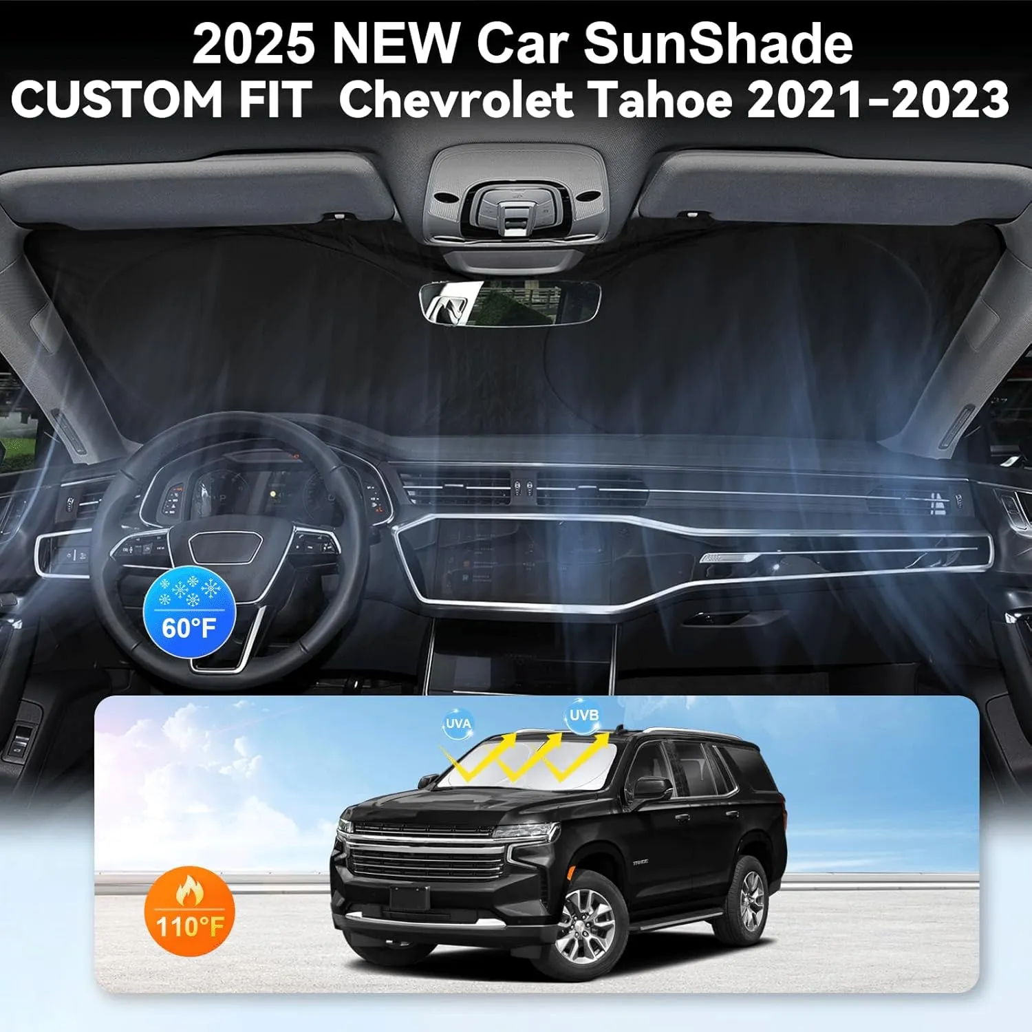 for Tahoe 2025 Windshield Sun Shade Sunshade-Custom Fit 2024 2023 2022 2021 Chevrolet Tahoe Z71, Premier, High Country, RST, LT, LS Accessories Windshield Cover Front Window Sun Visor Blocks UV