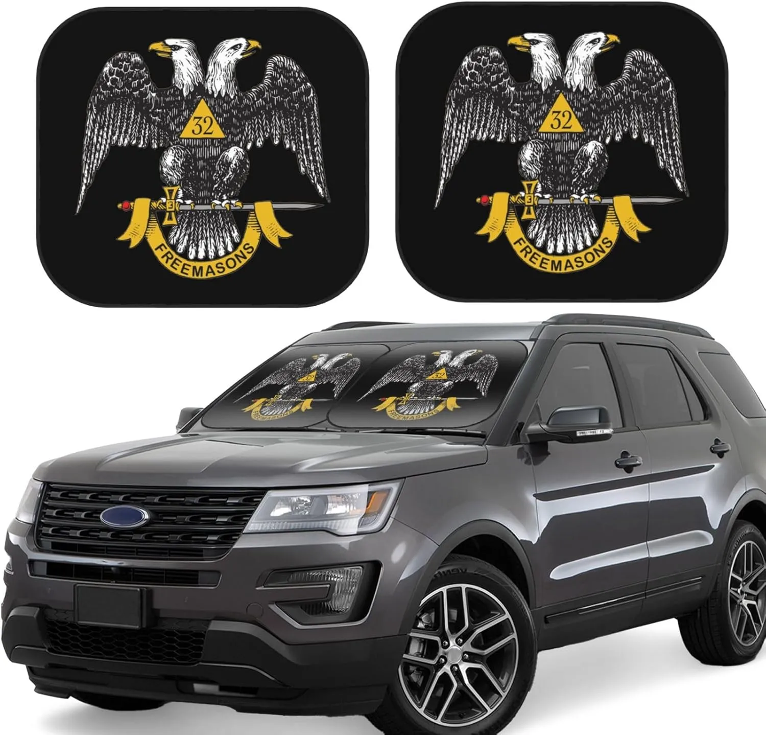 Freemasonry and Scottish Rite Foldable 2-Piece Windshield Sun Shade for Cars - UV & Heat Reflective Sunshade Protector, Small Size (Fits Most Sedans)