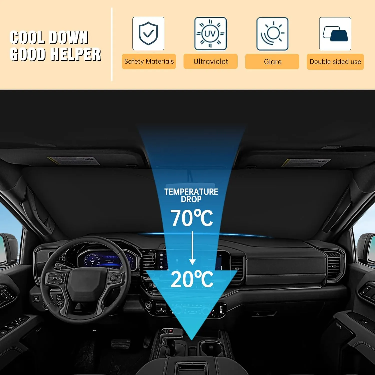 Front Windshield Sun Shade Compatible with Chevrolet Chevy Suburban Silverado Sun Visor Protector Blocks UV Rays Sunshade for GMC Sierra 1500 2500 3500 Foldable Interior Accessories