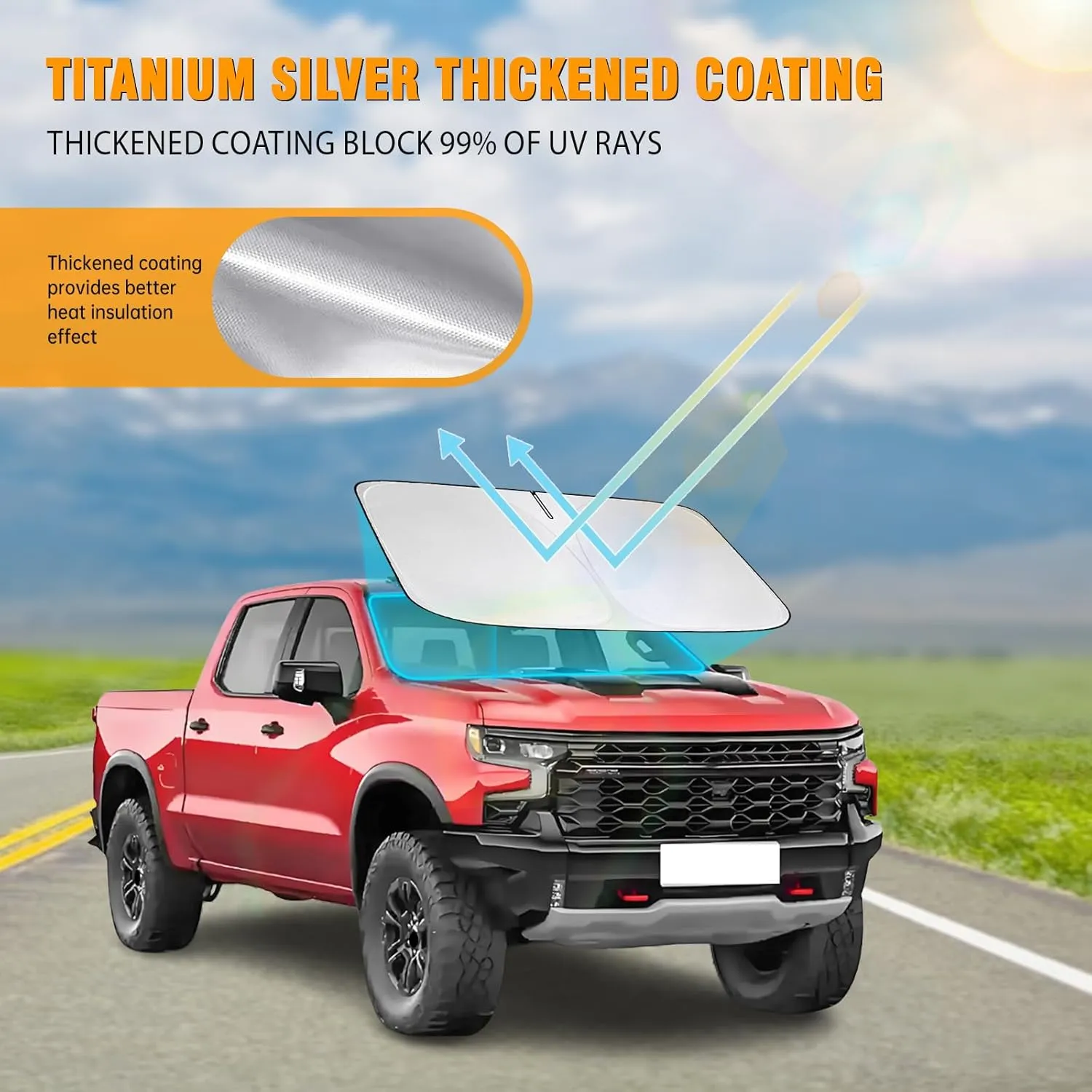 Front Windshield Sun Shade Compatible with Chevrolet Chevy Suburban Silverado Sun Visor Protector Blocks UV Rays Sunshade for GMC Sierra 1500 2500 3500 Foldable Interior Accessories