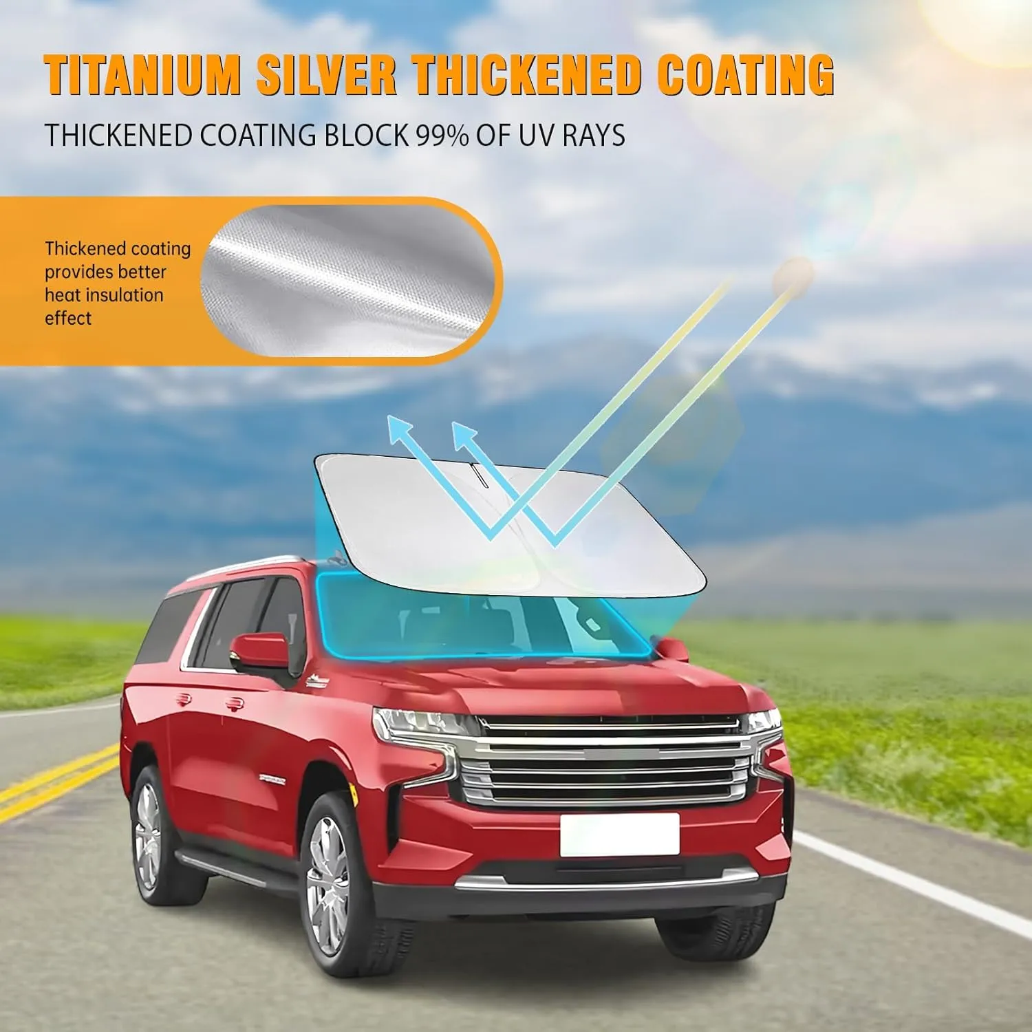 Front Windshield Sun Shade Compatible with Chevrolet Chevy Suburban Silverado Sun Visor Protector Blocks UV Rays Sunshade for GMC Sierra 1500 2500 3500 Foldable Interior Accessories