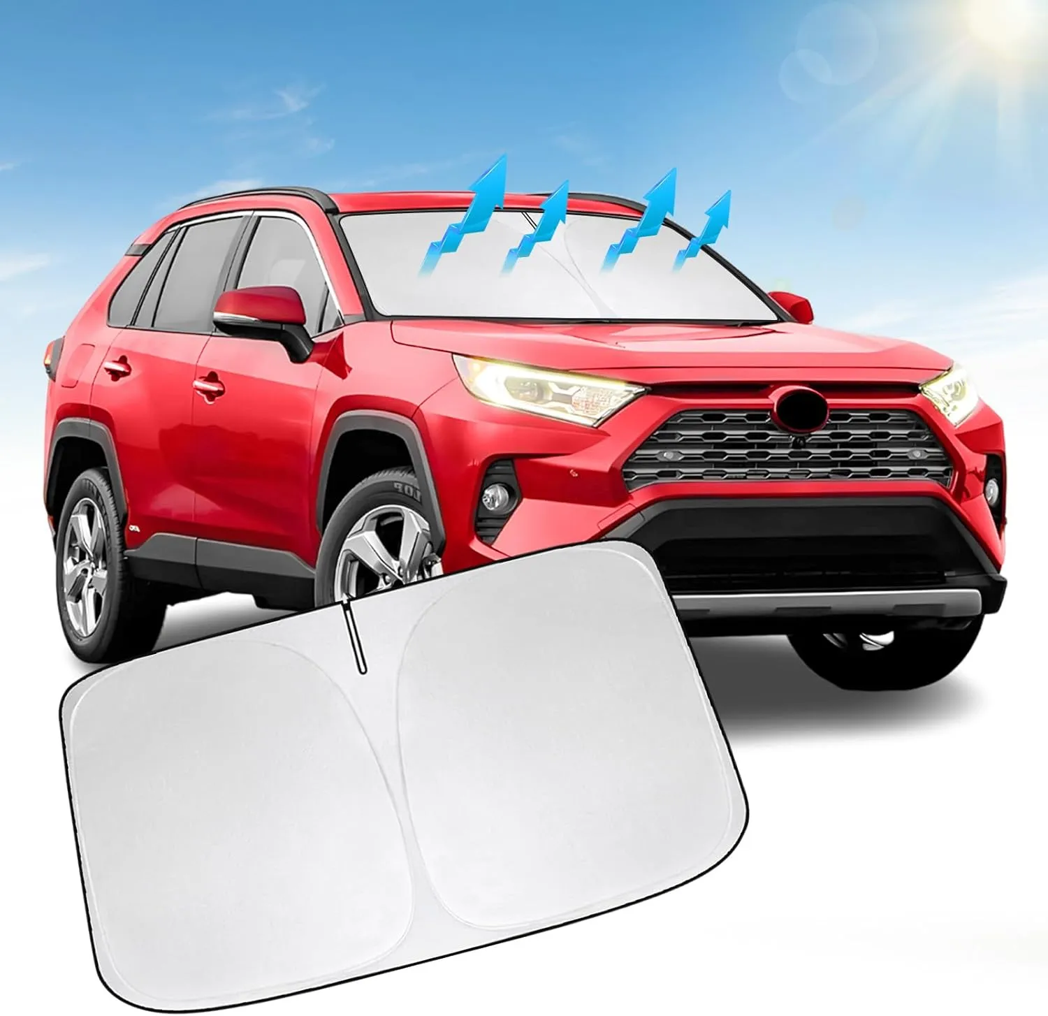 Front Windshield Sun Shade Compatible with Toyota RAV4 2019 2020 2021 2022 2023 2024 2025, Sun Visor Protector Blocks UV Rays Sunshade for RAV4 Foldable Interior Accessories