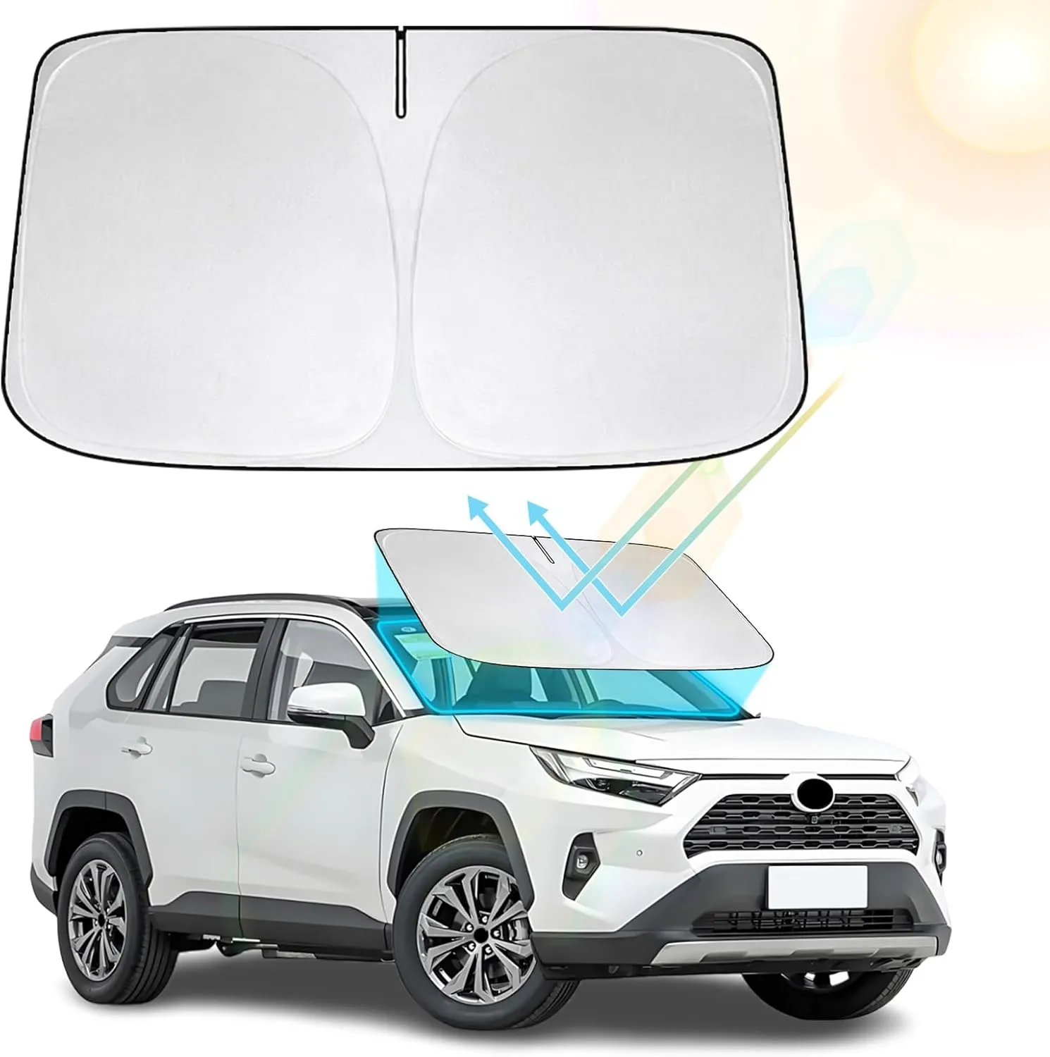 Front Windshield Sun Shade Compatible with Toyota RAV4 2019 2020 2021 2022 2023 2024 2025, Sun Visor Protector Blocks UV Rays Sunshade for RAV4 Foldable Interior Accessories