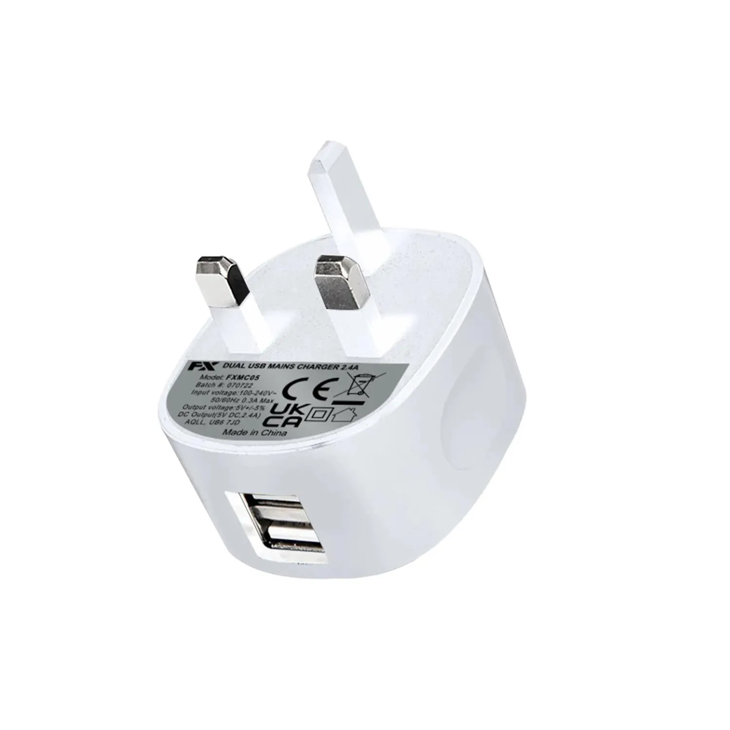 FX Mains Charger Dual USB 2.4 AMP Plug (UK) For Smart Phones & Tablets, White