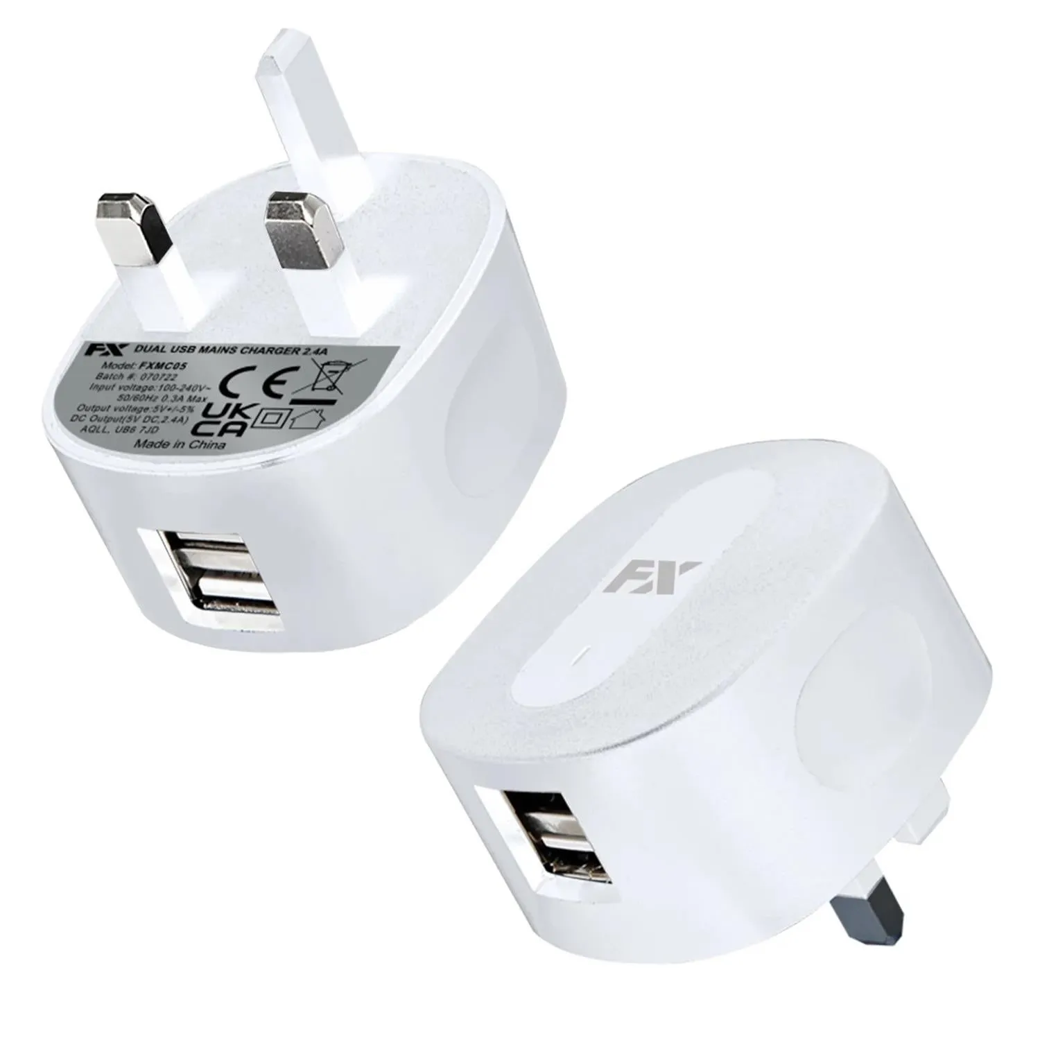 FX Mains Charger Dual USB 2.4 AMP Plug (UK) For Smart Phones & Tablets, White