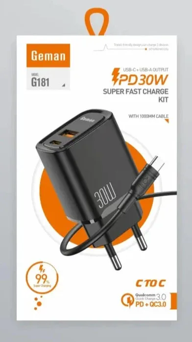 GEMAN G-181 PD 30W Fast Charger with Type C Cable – Dual Ports