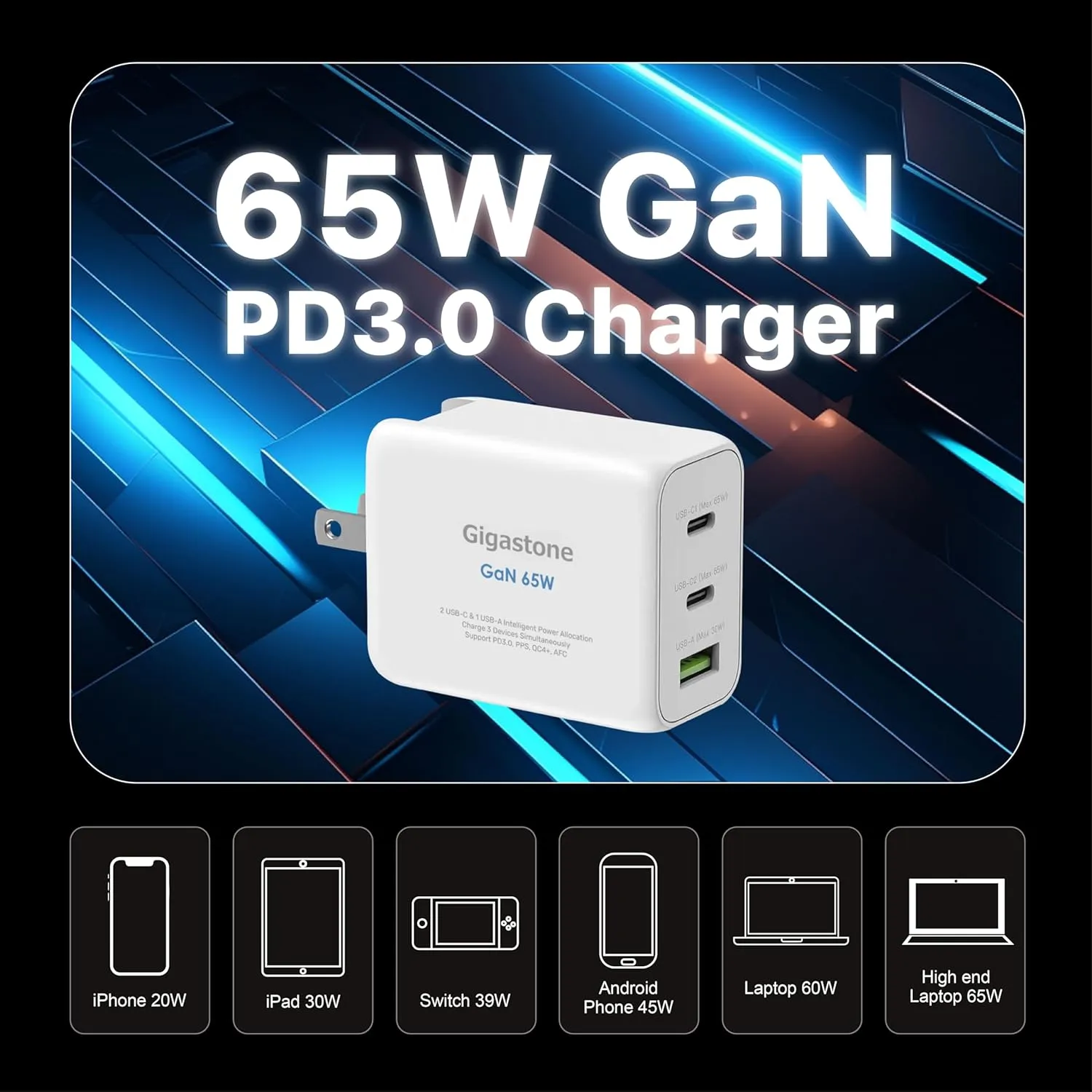 Gigastone 65W USB C Charger GaN Power Pro PPS Multiple Port Intelligent Power Allocation, Compact Foldable Plug Travel, Full Speed GaN Charger MacBook Air/Pro Dell XPS iPad iPhone 16/15 Galaxy S24