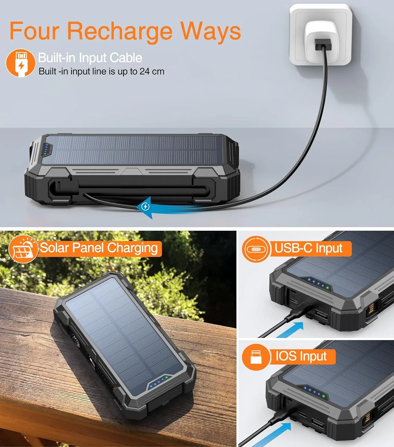 GOODaaa Portable Charger 42800mAh Built in 4 Cables and Thermometer 15W Fast Charging Power Bank Five Outputs Three Inputs Solar Charger Power Bank, SOS/Strobe/Strong Flashlights, Carabiner