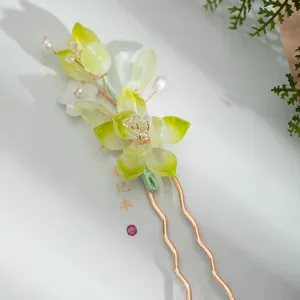 Green Snow Lotus Hairpin Chinese Hanfu and Han Style Hair Retro Flower with Metal Handmade Hair Clip Hair Accessories for Women Girls Long Hair (Green Snow Lotus)