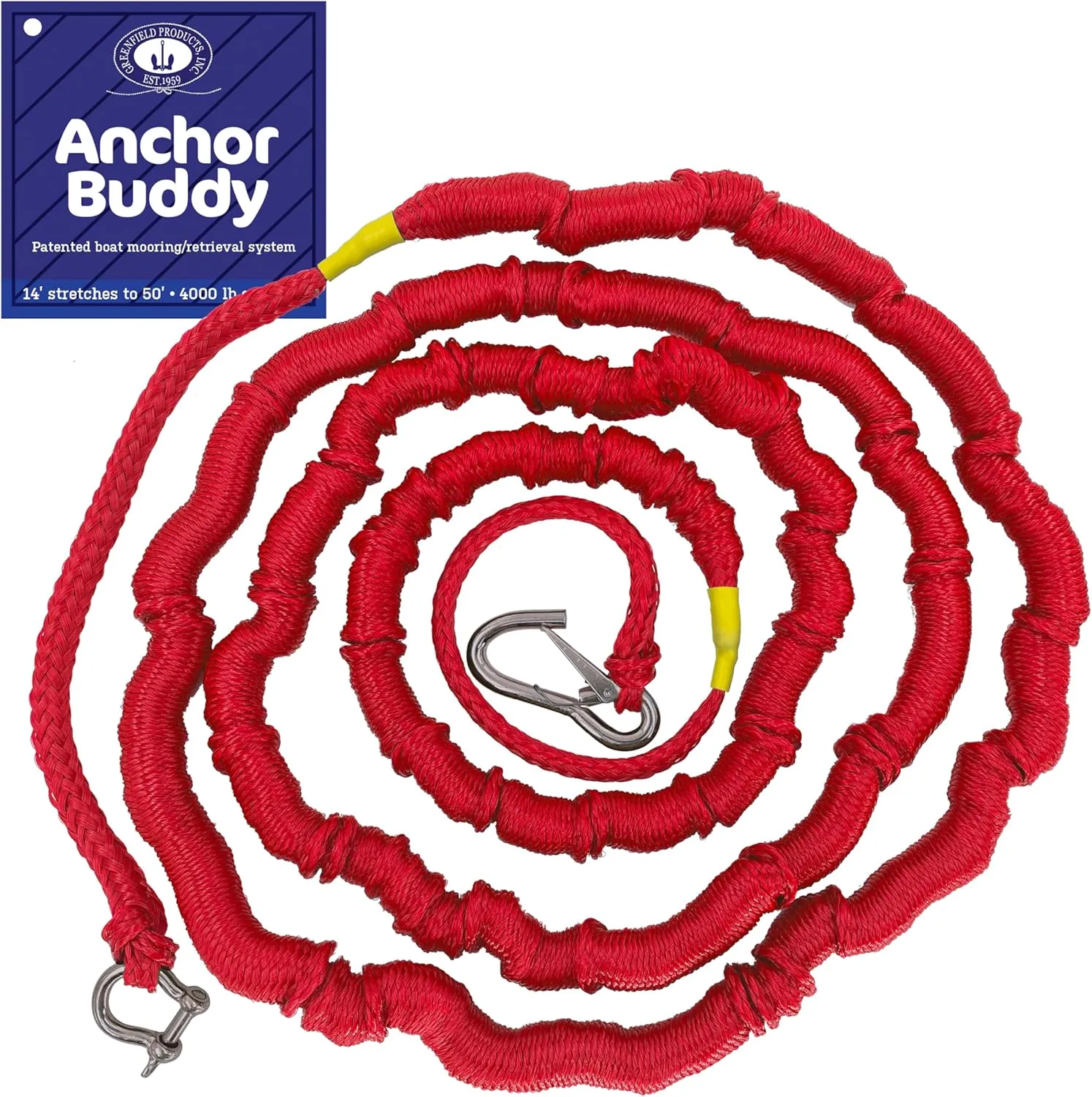 Greenfield Anchor Buddy, The Original Bungee Anchor Rope for Boats. 14ft to 50ft Stretch. Elastic Snubber Line. (Red)