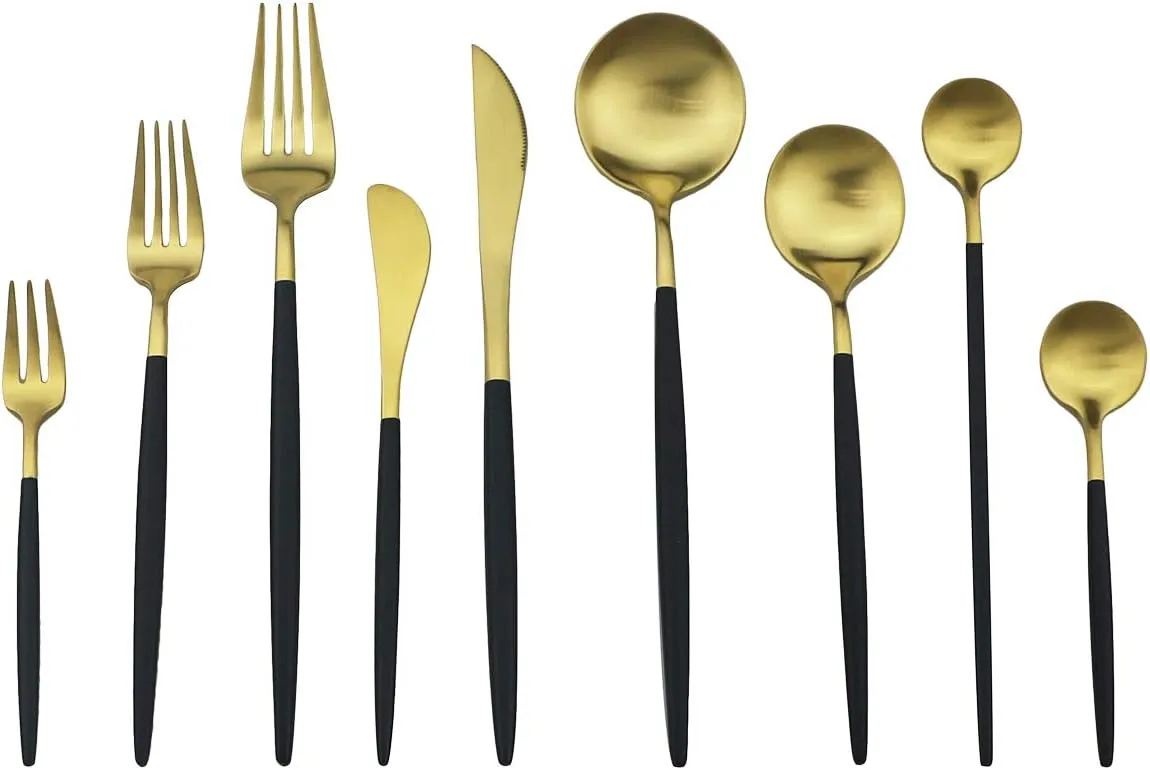Gugrida Black Gold Flatware, Royal 10 Piece Matte Black Handle 18/10 Stainless Steel Cutlery Sets for 2 Including Forks Spoons Knives, Camping Silverware Travel Utensils Set Tableware
