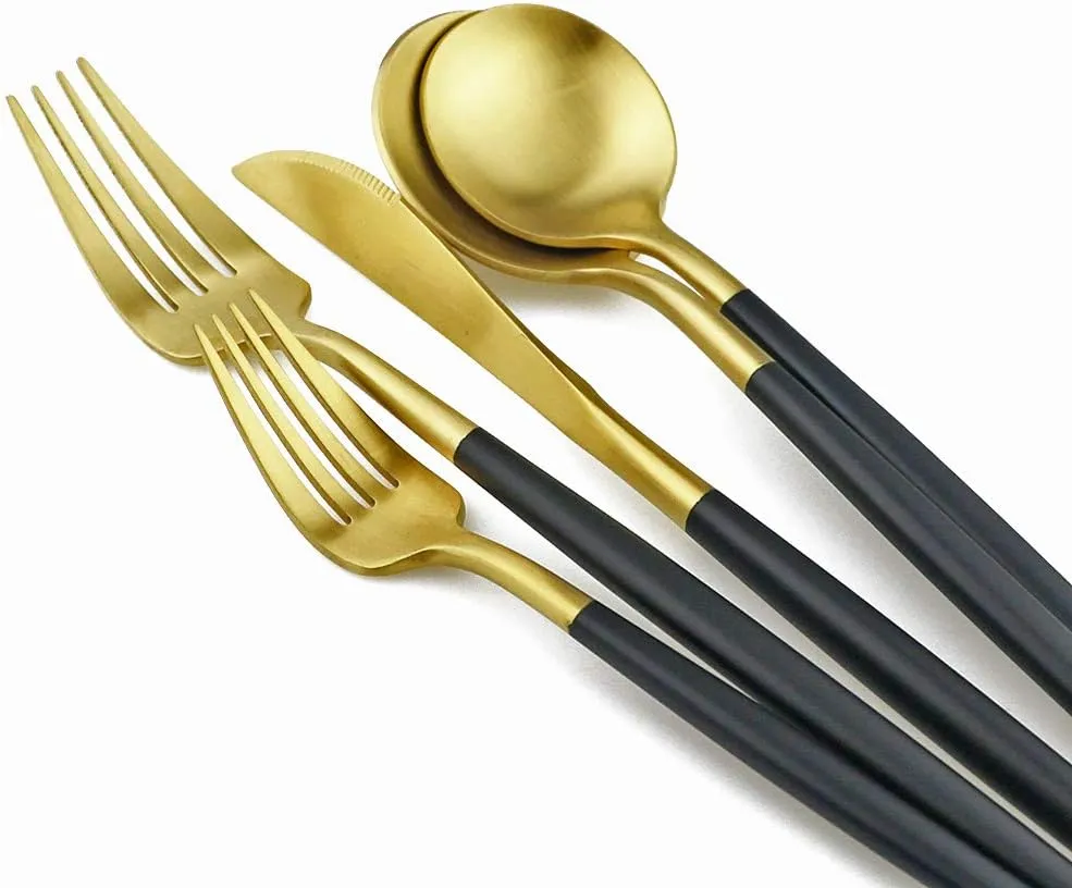 Gugrida Black Gold Flatware, Royal 10 Piece Matte Black Handle 18/10 Stainless Steel Cutlery Sets for 2 Including Forks Spoons Knives, Camping Silverware Travel Utensils Set Tableware