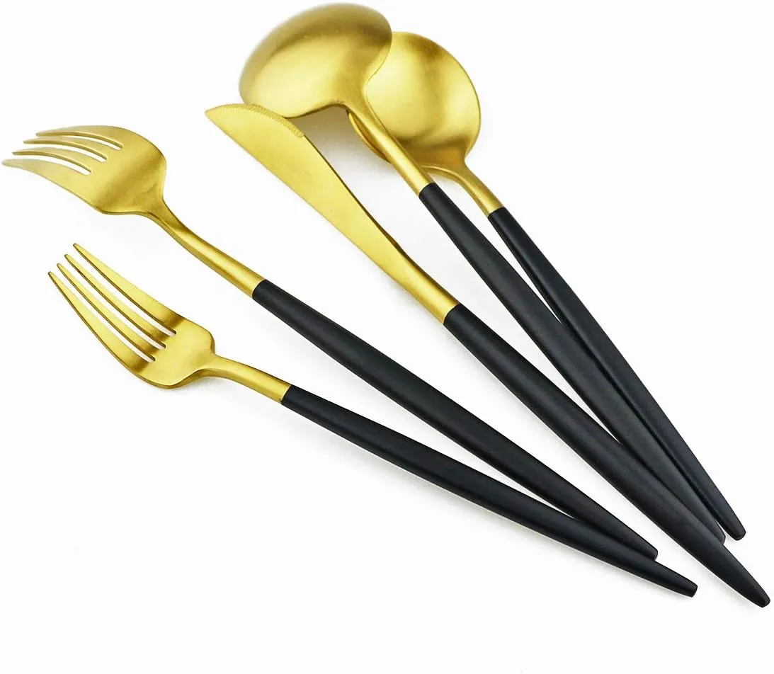 Gugrida Black Gold Flatware, Royal 10 Piece Matte Black Handle 18/10 Stainless Steel Cutlery Sets for 2 Including Forks Spoons Knives, Camping Silverware Travel Utensils Set Tableware