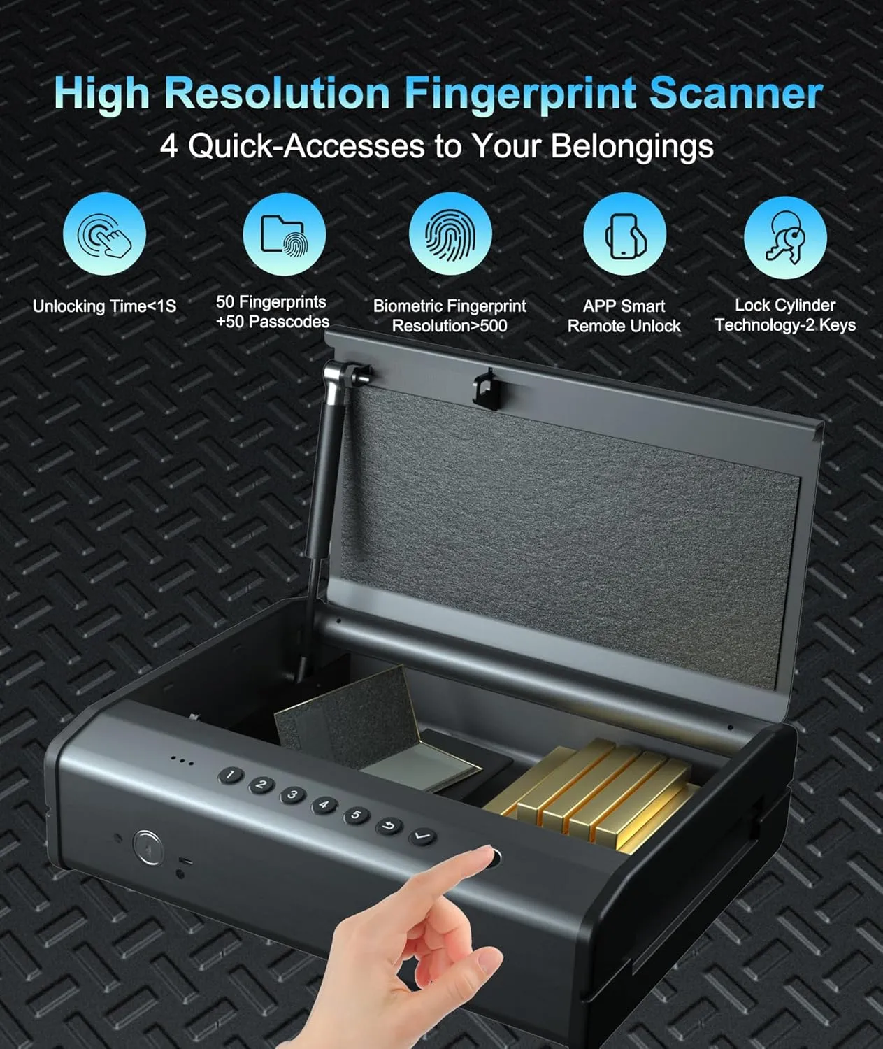Gun Safe, Biometric Gun Safes For Handgun, Pistol Safe With Fingerprint or Keypad, 4-Quick Access Unlock Gun Case for Firearm, Gun Lock Box For Nightstand Beside with APP