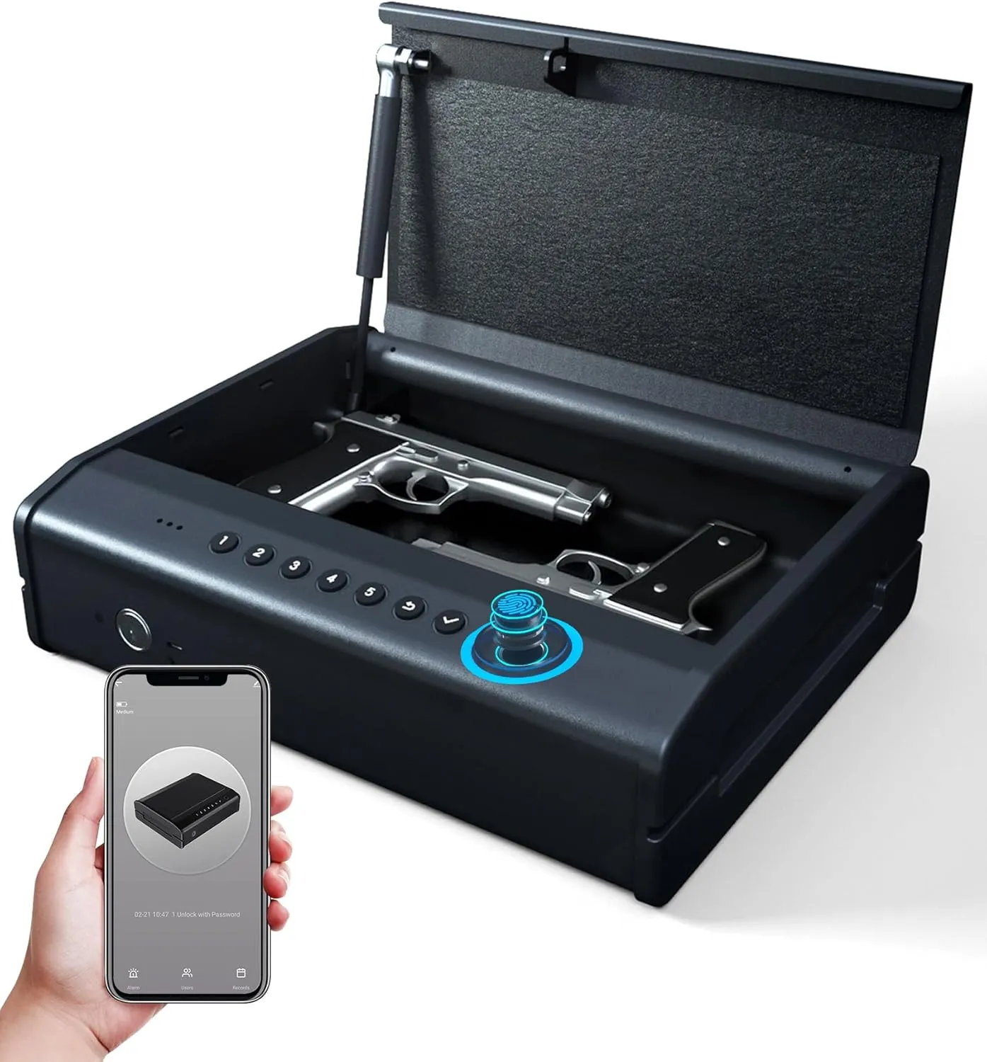 Gun Safe, Biometric Gun Safes For Handgun, Pistol Safe With Fingerprint or Keypad, 4-Quick Access Unlock Gun Case for Firearm, Gun Lock Box For Nightstand Beside with APP