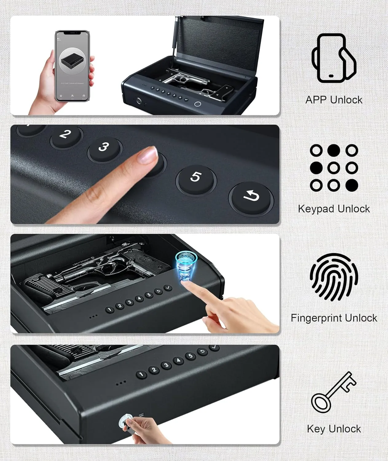 Gun Safe, Biometric Gun Safes For Handgun, Pistol Safe With Fingerprint or Keypad, 4-Quick Access Unlock Gun Case for Firearm, Gun Lock Box For Nightstand Beside with APP