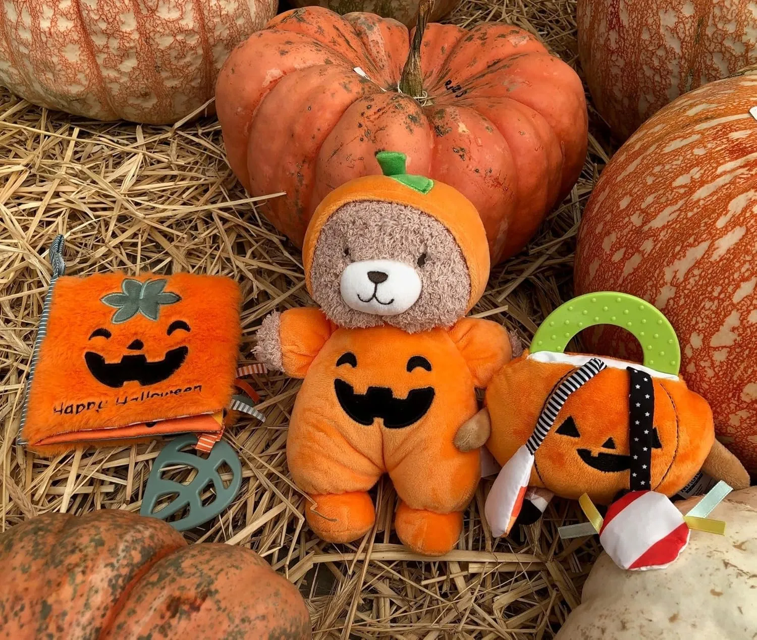 Halloween 9 inch Plush Rattle with Embroidered Jack-O-Lantern for Baby, (Orange Pumpkin, Bear)