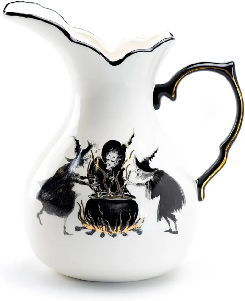 Halloween Pitcher Witch Raven Jack-o'-lantern Pumpkin Black and Gold 2.8qt Capacity, 10.5” Height x 9” Width x 7'' Depth