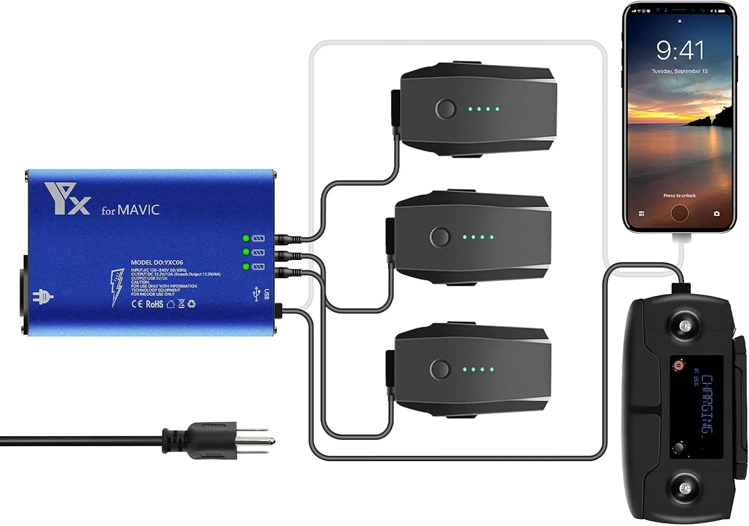 Hanatora Parallel 158W Battery Charger for DJI Mavic Pro(1st Generation),Platinum,Alpine White,5 in 1 Multi Fast Rapid Charging Hub Drone Accessories