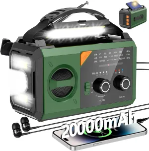 Hand Crank Emergency Radio - 20000mAh/74000mWh Solar Portable Weather Radio AM FM NOAA with 3 Mode Flashlight & Reading Lamp, Headphone Jack, Cell Phone Charger, SOS for Emergency, Dark Green