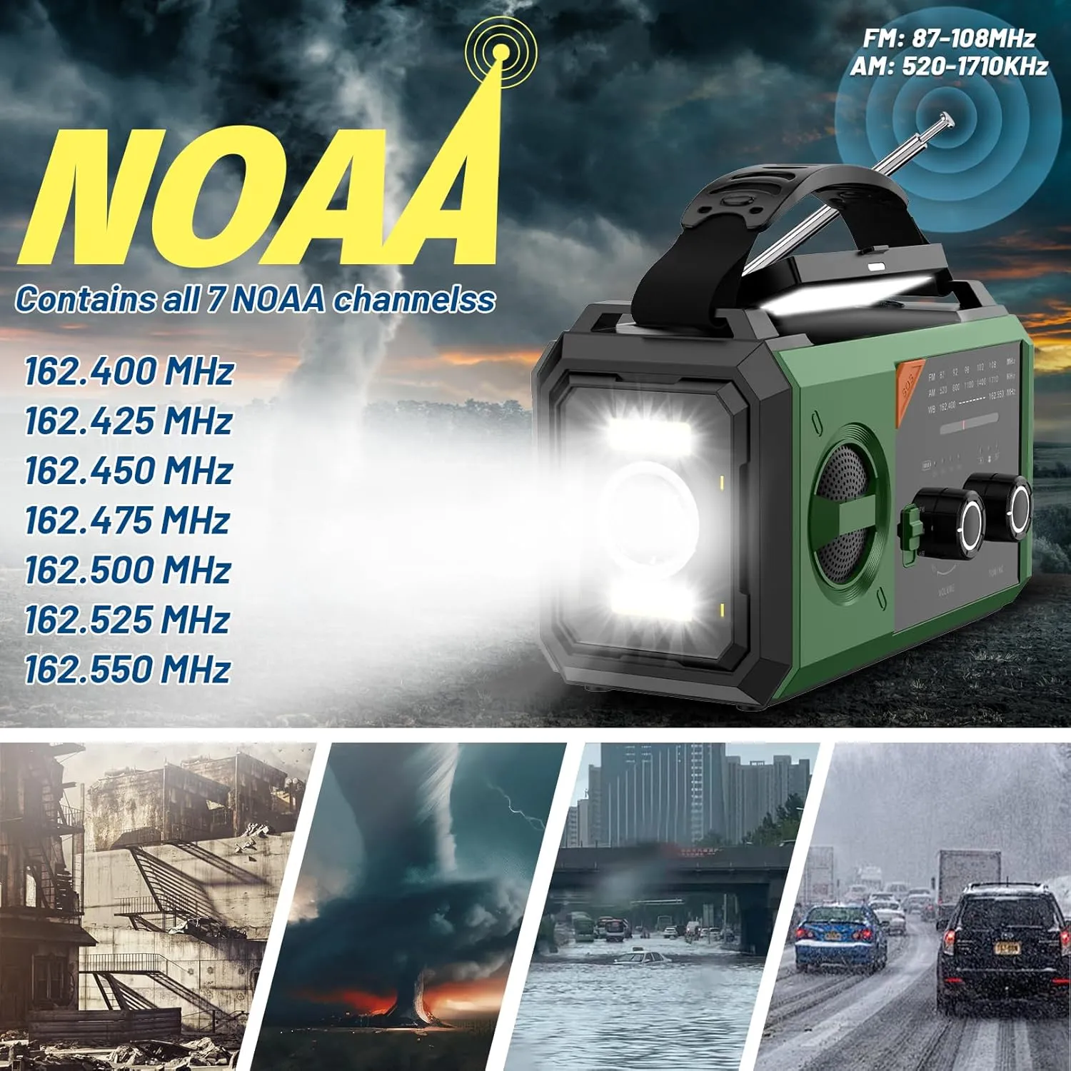 Hand Crank Emergency Radio - 20000mAh/74000mWh Solar Portable Weather Radio AM FM NOAA with 3 Mode Flashlight & Reading Lamp, Headphone Jack, Cell Phone Charger, SOS for Emergency, Dark Green