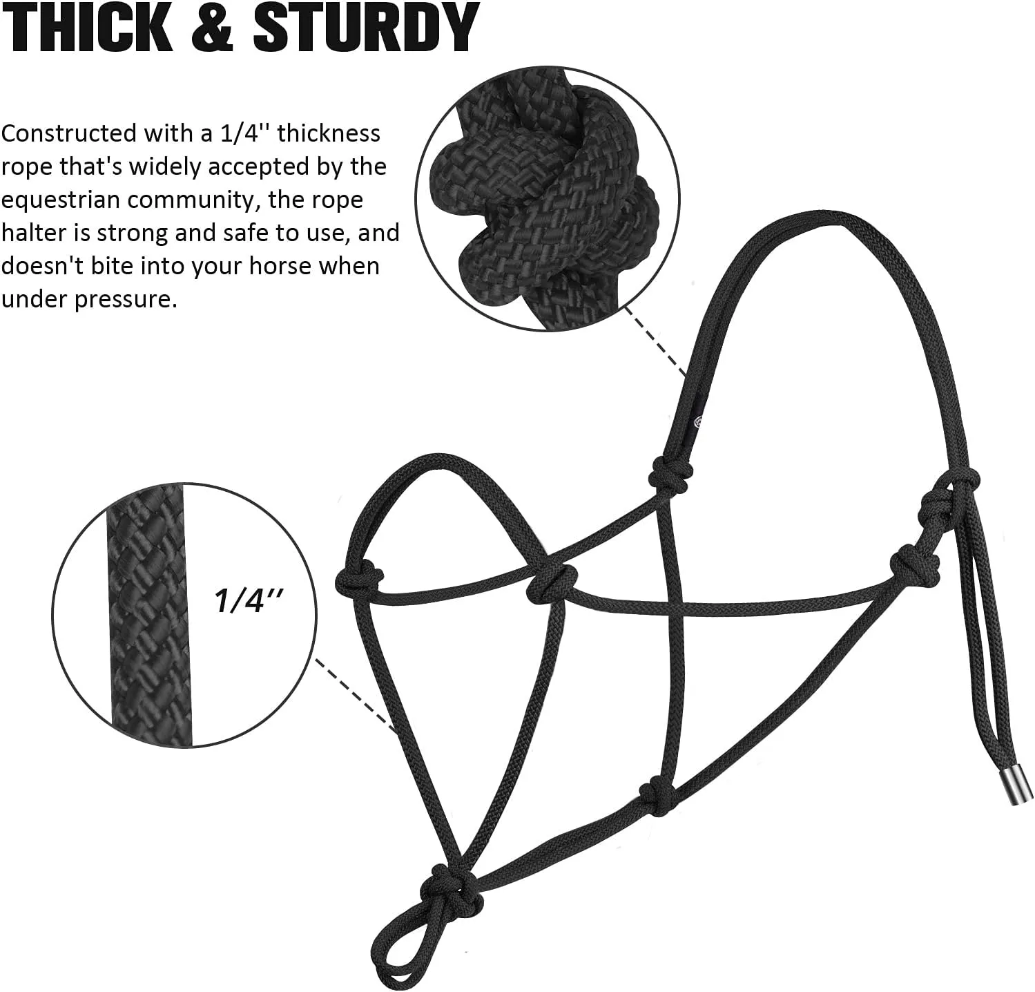 Harrison Howard Rope Halter for Horses Super Sturdy Horse Rope Training Halter with 2 Knot 1/4" Stiff Halter Cord Size Large - Black