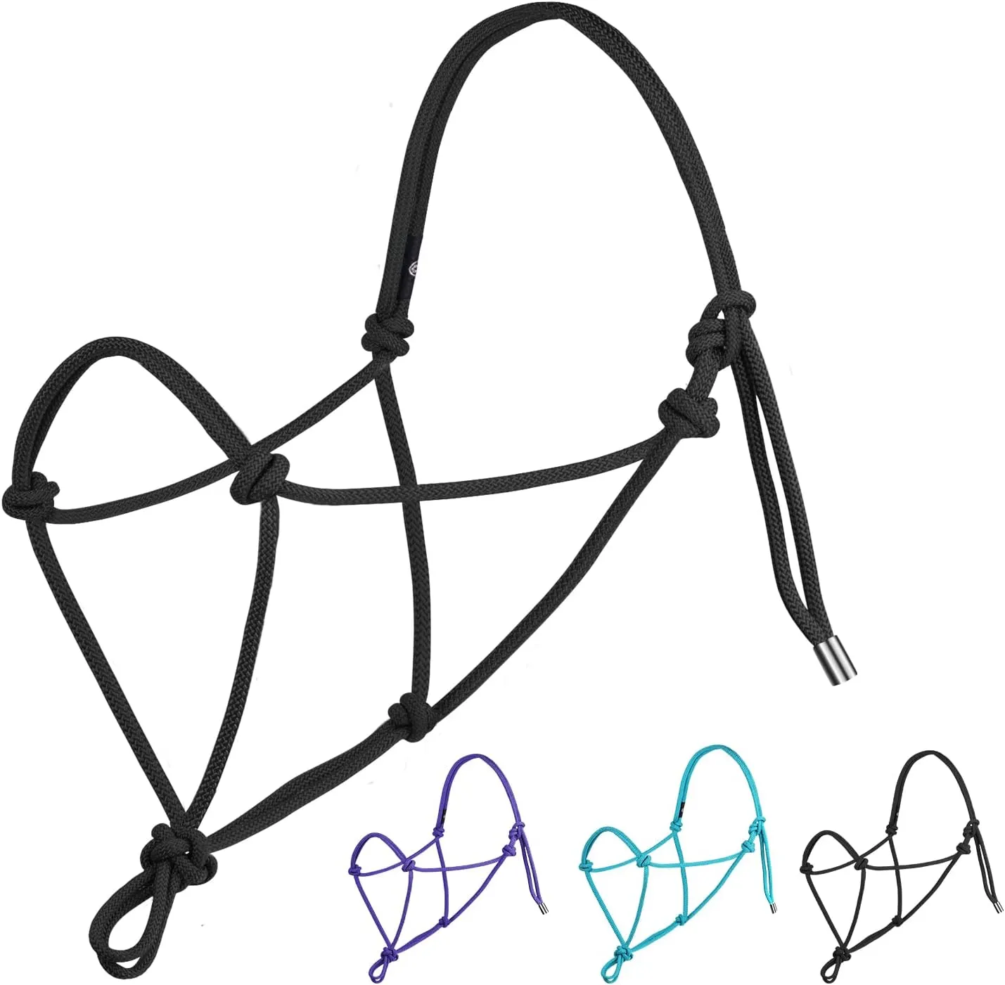 Harrison Howard Rope Halter for Horses Super Sturdy Horse Rope Training Halter with 2 Knot 1/4" Stiff Halter Cord Size Large - Black