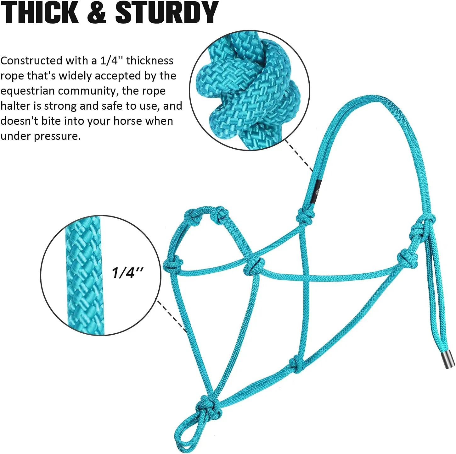 Harrison Howard Super Sturdy Horse Rope Training Halter with 4 Knot 1/4" Stiff Halter Cord