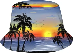 Hawaii Tropical Sunset Palm Tree Bucket Hat Summer Travel Beach Sun Hats Packable Outdoor Cap for Men Women