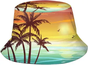 Hawaii Tropical Sunset Palm Tree Bucket Hat Summer Travel Beach Sun Hats Packable Outdoor Cap for Men Women