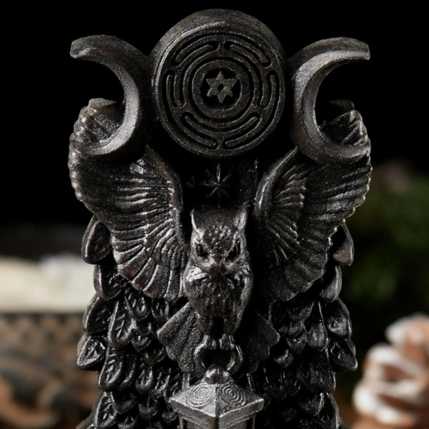 Hecate's Owl statue, bird,Wisdom goddess,for pagan home altar kit, wicca statue, witches, Hecate key, wooden statue,owl home decor (Black)