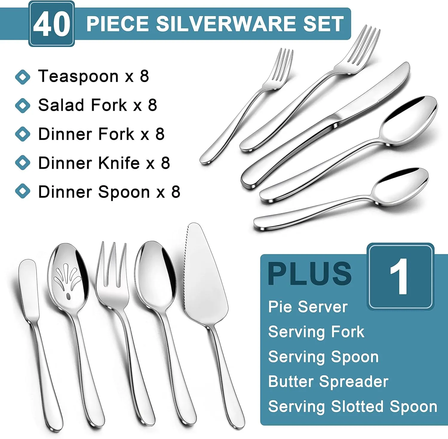 Herogo Heavy Duty Silverware Set with Serving Utensils, 45-Piece Stainless Steel Heavy Weight Modern Flatware Set for 8, Fancy Cutlery for Home Wedding, Dishwasher Safe, Mirror Finished
